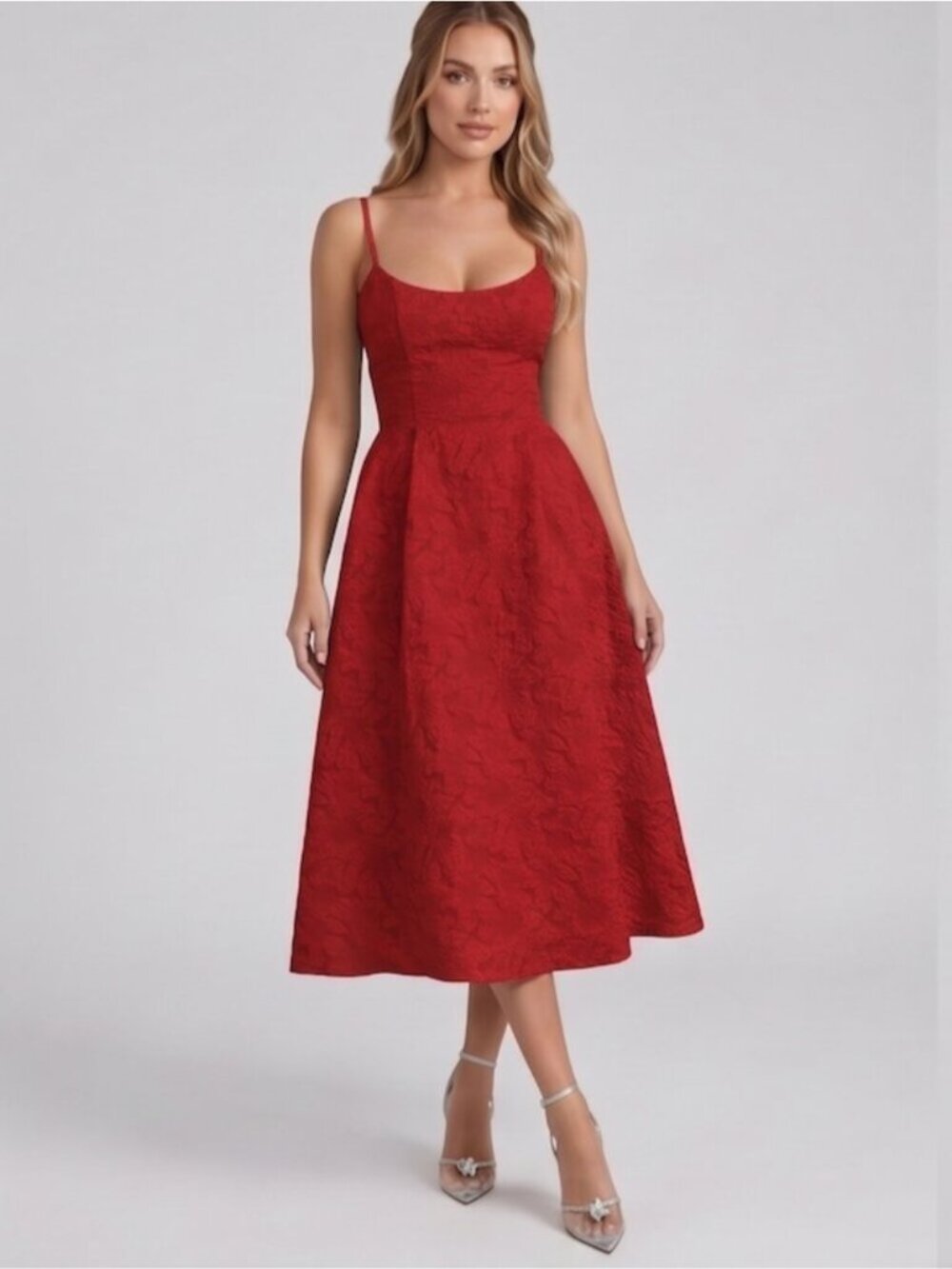 Red Floral Scoop Neck Midi Party Dress